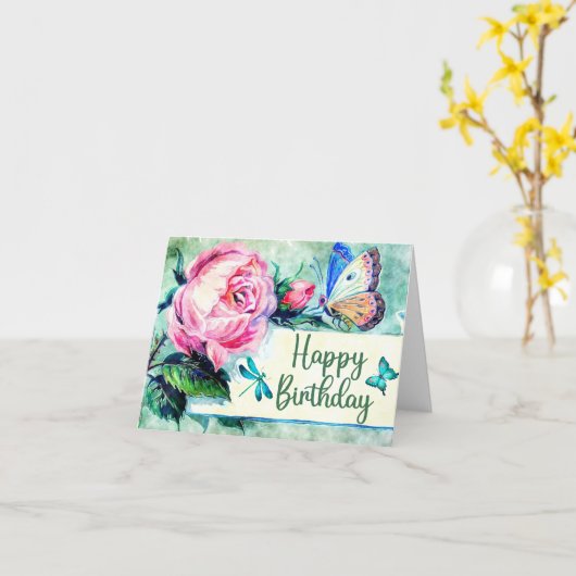 Happy Birthday  Rozen en Butterflies Kaart (Gele Bloem)