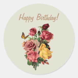 Happy Birthday  Rozen en vlinder Ronde Sticker
