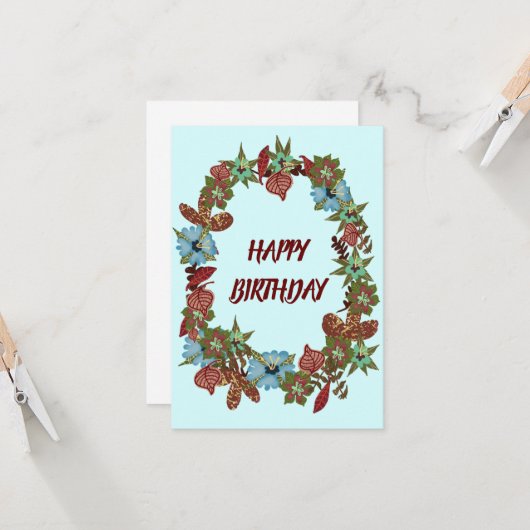 Happy Birthday Rustic Flower Garland Greeting Kaart (Voorkant / Achterkant in situ)