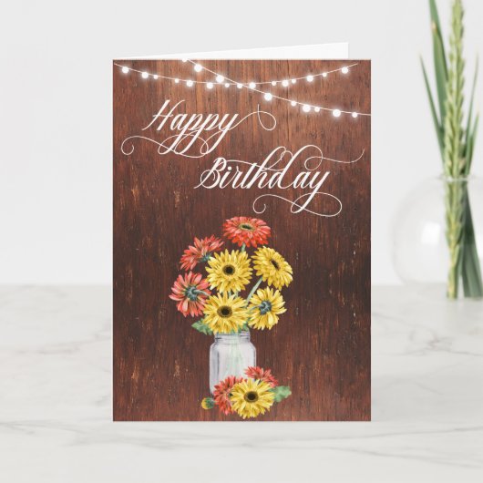 Happy Birthday Rustic Mason Jar Gerbera Daisy Kaart (Voorkant)