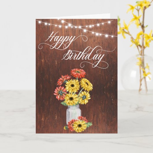 Happy Birthday Rustic Mason Jar Gerbera Daisy Kaart (Gele Bloem)