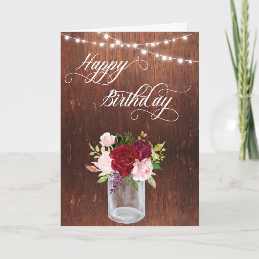 Happy Birthday Rustic Mason Jar Wood licht Kaart (Voorkant)