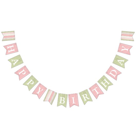 Happy Birthday Rustic Sage Green Pink Floral Wood Vlaggetjes (Alle)