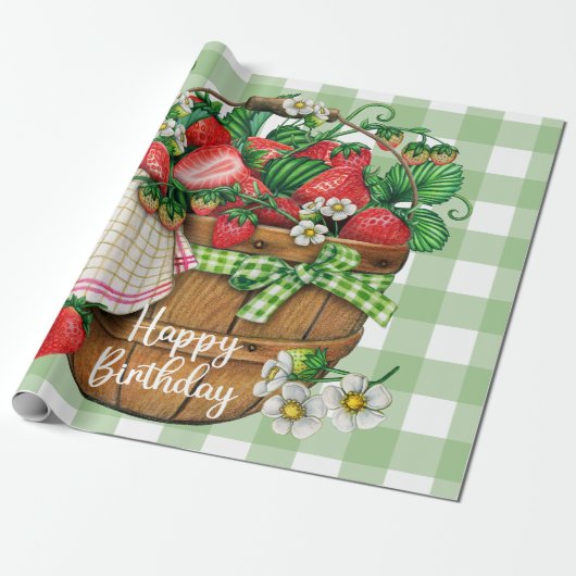 Happy Birthday Rustic Strawberry Fruit Basket Cadeaupapier (Uitgerold)