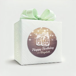 Happy Birthday Rustic Wood Mason Jar String Lights Ronde Sticker