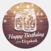 Happy Birthday Rustic Wood Mason Jar String Lights Ronde Sticker (Voorkant)