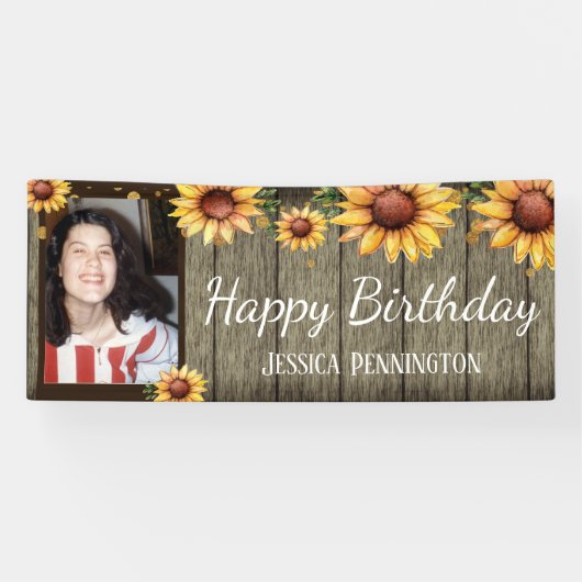 Happy Birthday Rustic Wood Sunflower One foto Spandoek (Horizontaal)