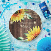 Happy Birthday Rustic Wood Sunflower String Light Papieren Bordje (Feest)