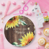 Happy Birthday Rustic Wood Sunflower String Light Papieren Bordje (Feest)