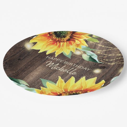 Happy Birthday Rustic Wood Sunflower String Light Papieren Bordje (Gekanteld)