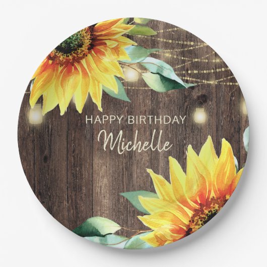 Happy Birthday Rustic Wood Sunflower String Light Papieren Bordje (Voorkant)
