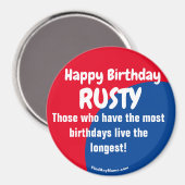 Happy Birthday RUSTY red/blue magnet (Voorkant / Achterkant)