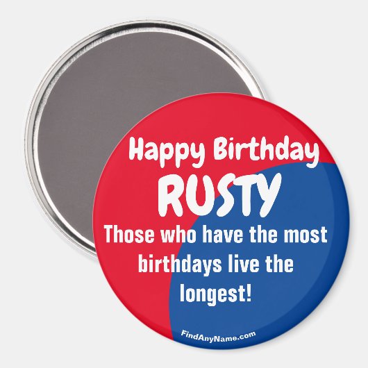 Happy Birthday RUSTY red/blue magnet (Voorkant / Achterkant)