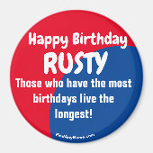 Happy Birthday RUSTY red/blue magnet (Voorkant)