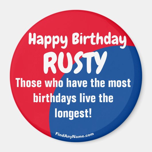 Happy Birthday RUSTY red/blue magnet (Voorkant)