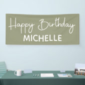 Happy Birthday Sage Green White whimsical-script Spandoek (Beurs)