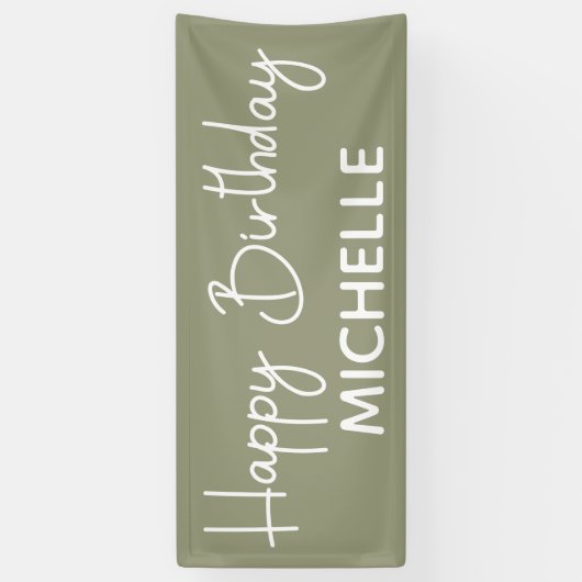 Happy Birthday Sage Green White whimsical-script Spandoek (Verticaal)