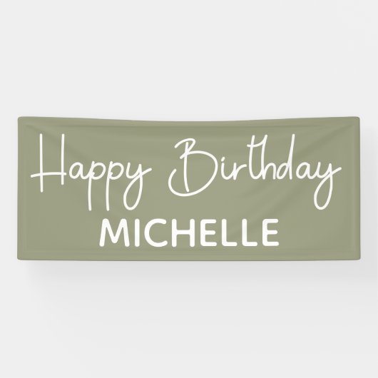 Happy Birthday Sage Green White whimsical-script Spandoek (Horizontaal)