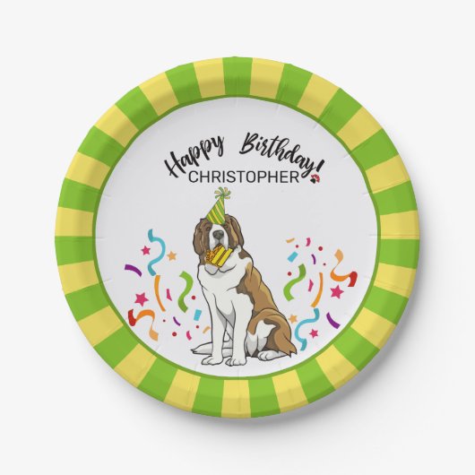 Happy Birthday Saint Bernard Dog Party Papieren Bordje (Voorkant)