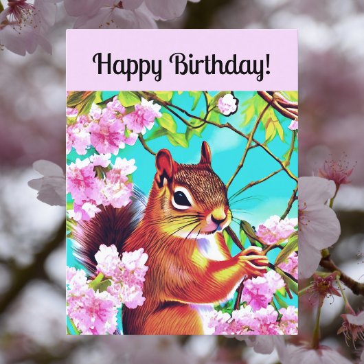 Happy Birthday Sakura Squirrel in Cherry Blossom Briefkaart