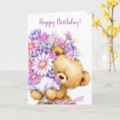 Happy Birthday, schattig beer met mooie bloemen Kaart (Gele Bloem)