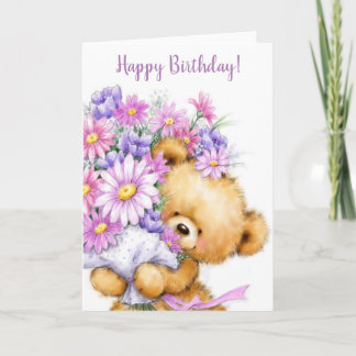 Happy Birthday, schattig beer met mooie bloemen Kaart