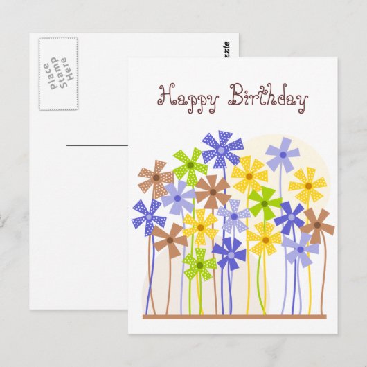 Happy Birthday Schattige blauw geel bruin bloemen Briefkaart (Voorkant / Achterkant)