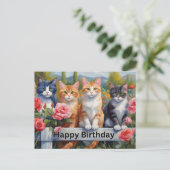 Happy Birthday Schattige Cats bij Flower Garden Fe Briefkaart (Staand voorkant)
