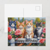 Happy Birthday Schattige Cats bij Flower Garden Fe Briefkaart (Voorkant / Achterkant)