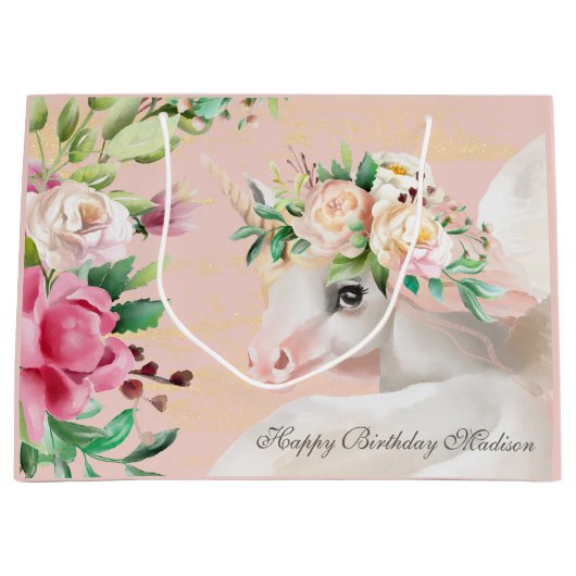 Happy Birthday Schattige Floral Eenhoorn gepersona Groot Cadeauzakje (Voorkant)
