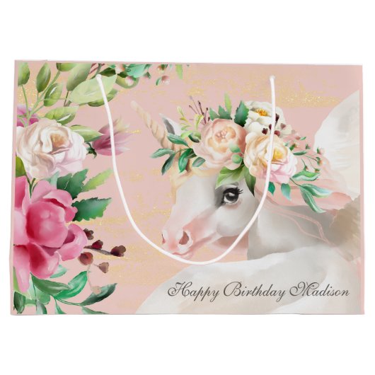 Happy Birthday Schattige Floral Eenhoorn gepersona Groot Cadeauzakje (Achterkant)