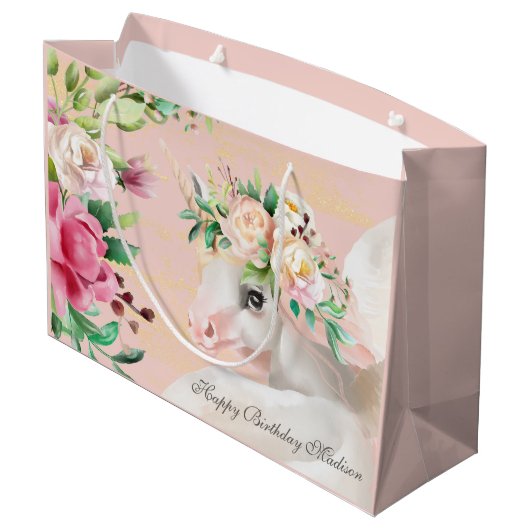 Happy Birthday Schattige Floral Eenhoorn gepersona Groot Cadeauzakje (Achterkant Gekanteld)