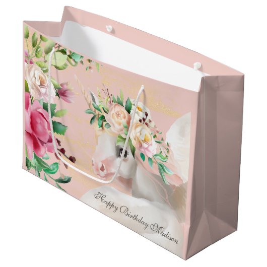 Happy Birthday Schattige Floral Eenhoorn gepersona Groot Cadeauzakje (Voorkant Gekanteld)