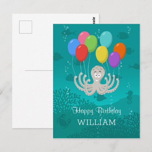 Happy Birthday Schattige Funny Octopus Cartoon Bal Briefkaart (Voorkant / Achterkant)