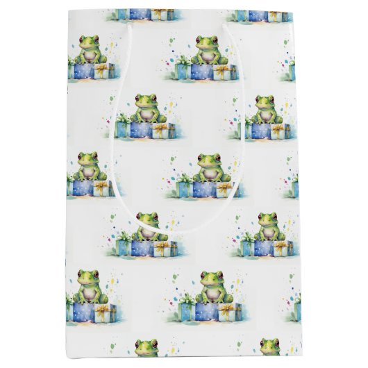 Happy Birthday Schattige Groene kikker met ingepak Medium Cadeauzakje (Voorkant)