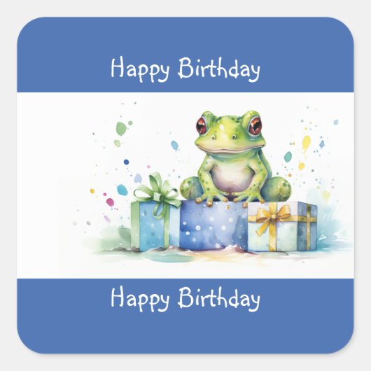 Happy Birthday Schattige Groene kikker met ingepak Vierkante Sticker (Voorkant)