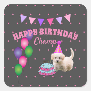 Happy Birthday schattige hond met taartpillen Vierkante Sticker