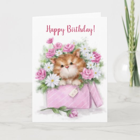 Happy Birthday, schattige kat in bloemdoos Kaart (Voorkant)