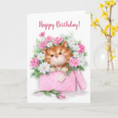 Happy Birthday, schattige kat in bloemdoos Kaart (Gele Bloem)