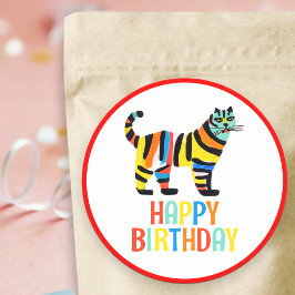 Happy Birthday Schattige Kleurrijke Tijgerkat Ronde Sticker