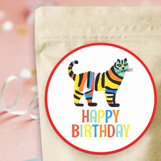 Happy Birthday Schattige Kleurrijke Tijgerkat Ronde Sticker
