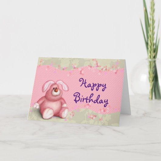 Happy Birthday Schattige roze konijn met hartjes Kaart (Voorkant)