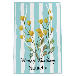 Happy Birthday Schattige zoetblauwe strepen floral Medium Cadeauzakje