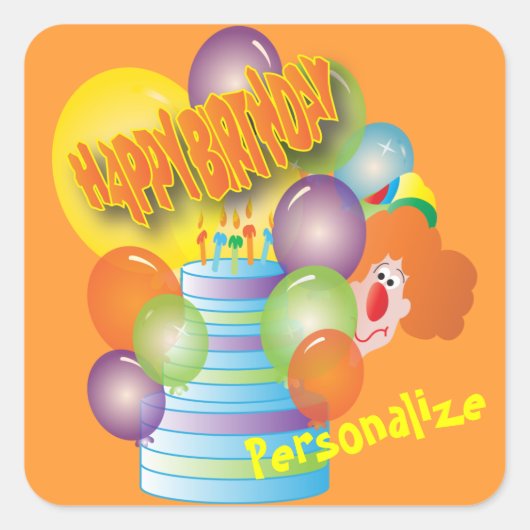 Happy Birthday Schattigee Cartoon Clown voor kinde Vierkante Sticker (Voorkant)