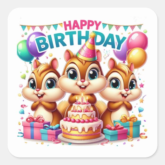 Happy Birthday Schattigee Chipmunks Vieren Vierkante Sticker (Voorkant)