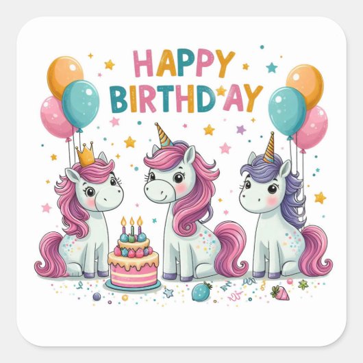 Happy Birthday Schattigee Eenhoorns Vieren Vierkante Sticker (Voorkant)