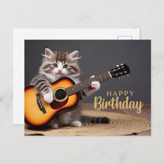 Happy Birthday Schattigee kitten speelt gitaar Briefkaart (Voorkant / Achterkant)