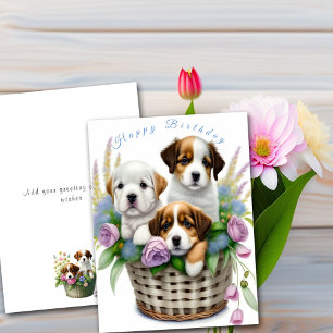 Happy Birthday Schattigee Puppies in Bloemenmand Kaart