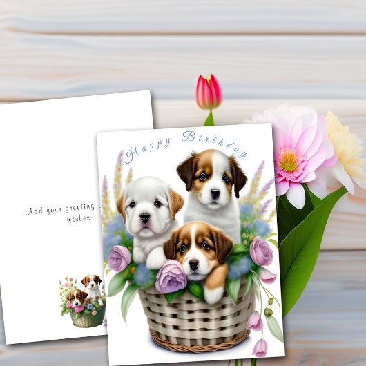 Happy Birthday Schattigee Puppies in Bloemenmand Kaart