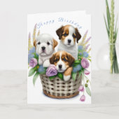 Happy Birthday Schattigee Puppies in Bloemenmand Kaart (Voorkant)